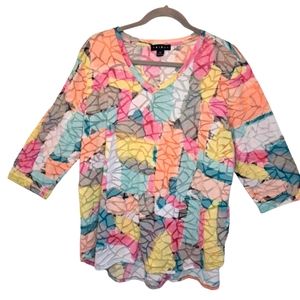 Tribal Multicolor Pastel Lightweight 3/4 Sleeve V Neck Blouse Plus Size XXL